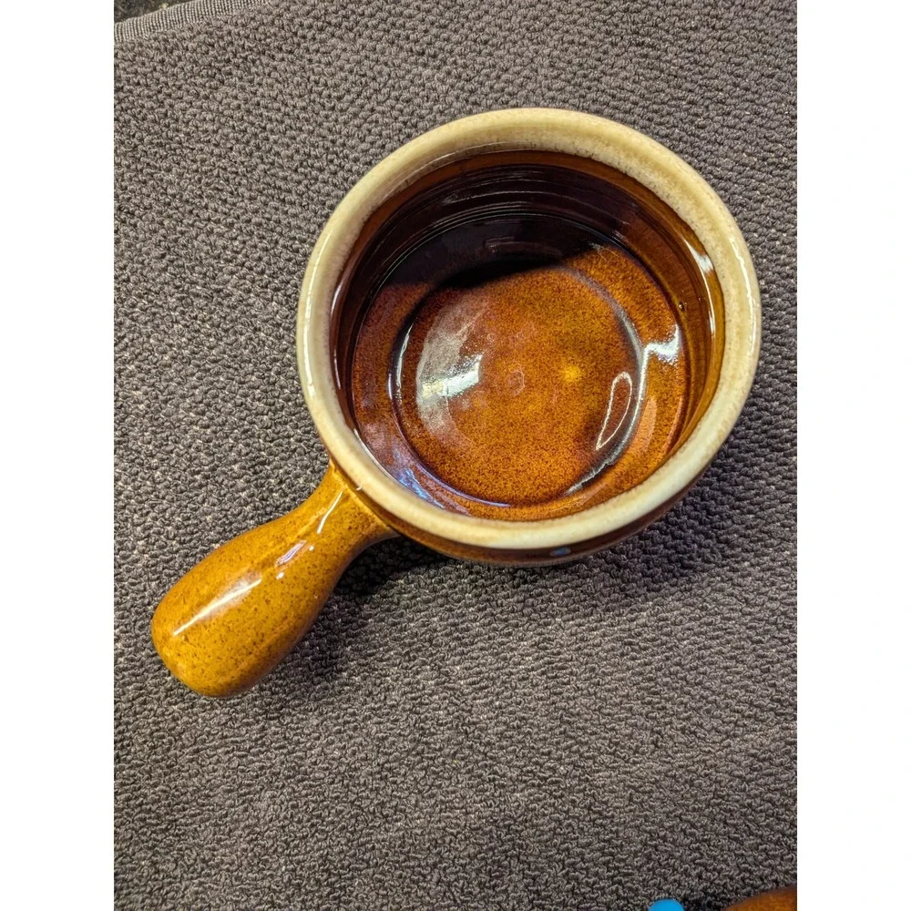 Vintage Mid-Century Stoneware Soup Bowls‎ Brown Drip Glaze Set USA